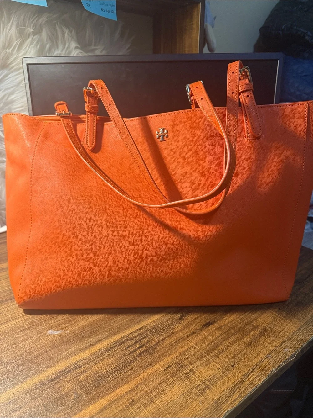 Tory Burch Bright Orange Saffiano Leather Tote